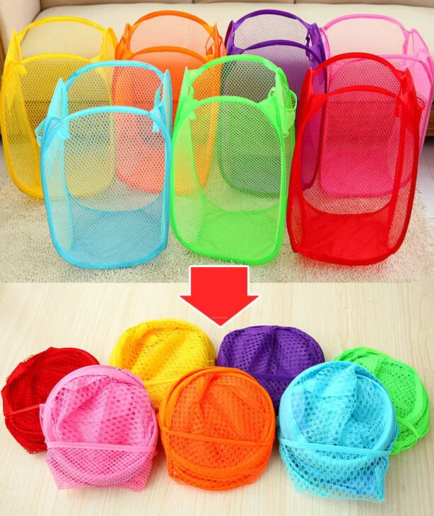 

2018 latest hot sale creative home net laundry basket foldable mesh laundry bag hamper, Red green blue and pink