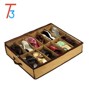 Image of non woven foldable storage shoe organizer 12 Cells Under Bed Fabric Shoe Storage Organizer