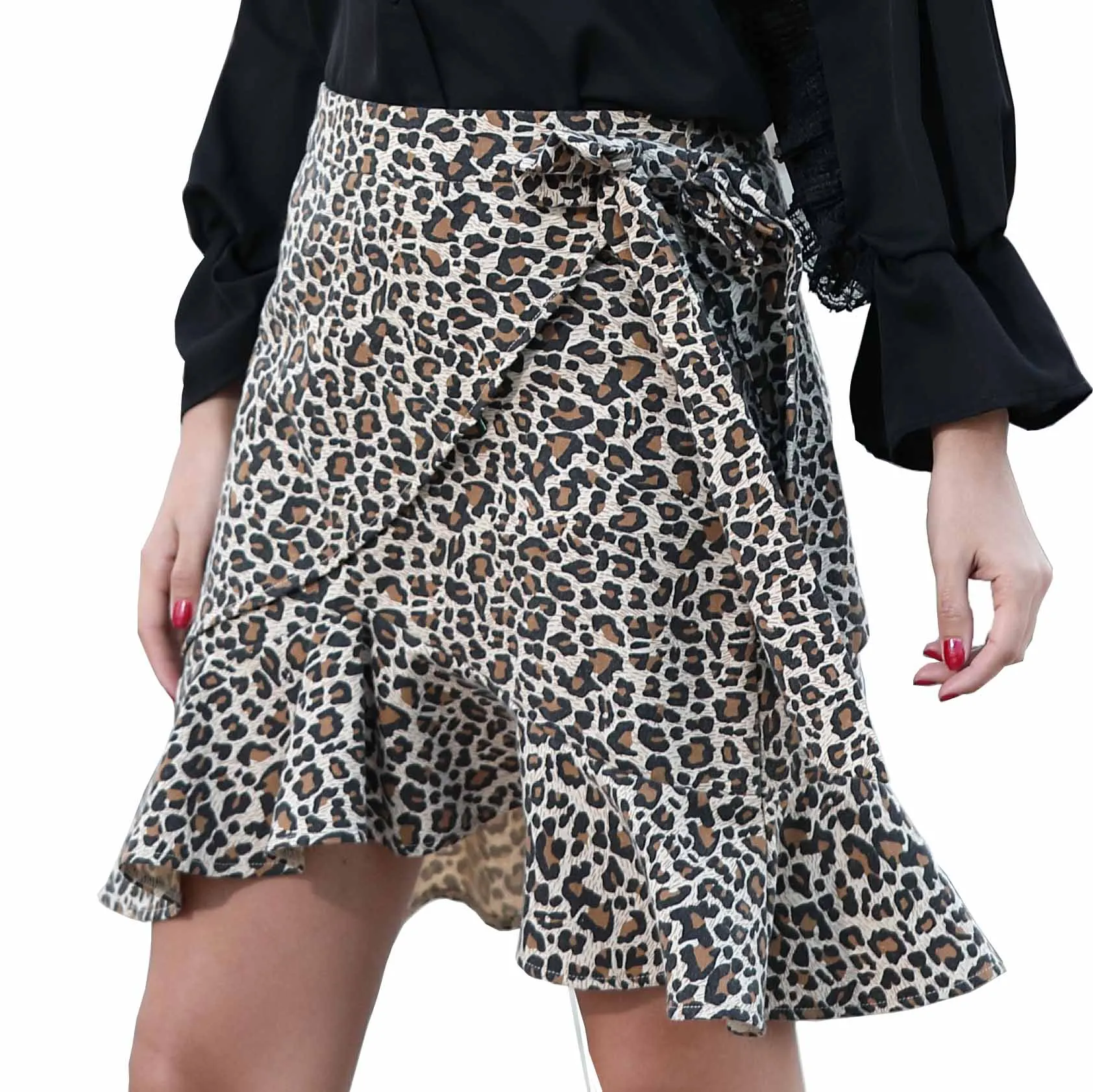 

Ladies Irregular Ruffled Hem Women Leopard Print Mini Wrap Skirt