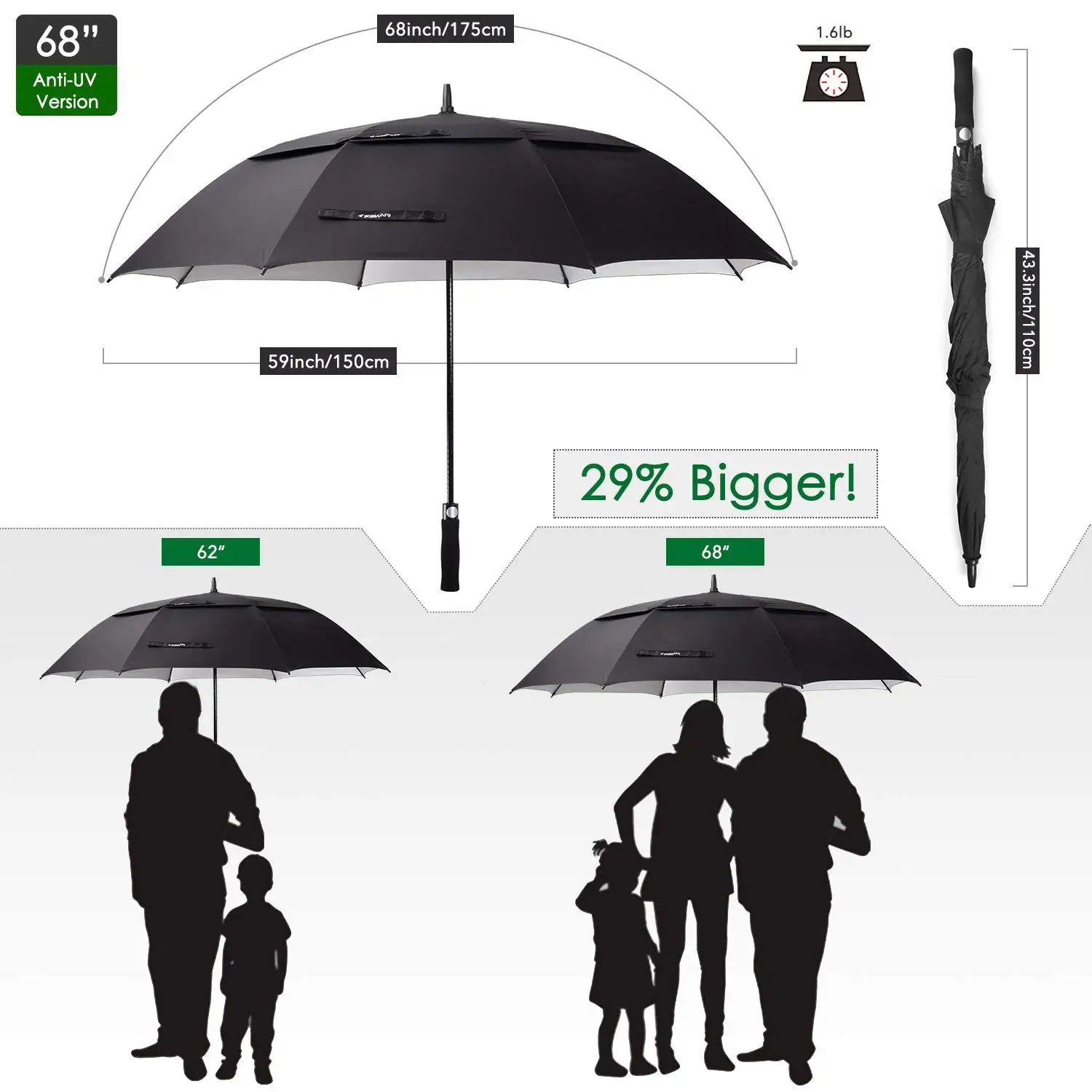 62/68 Inch Windproof Large Vented Golf Umbrella Including Classic & Uv