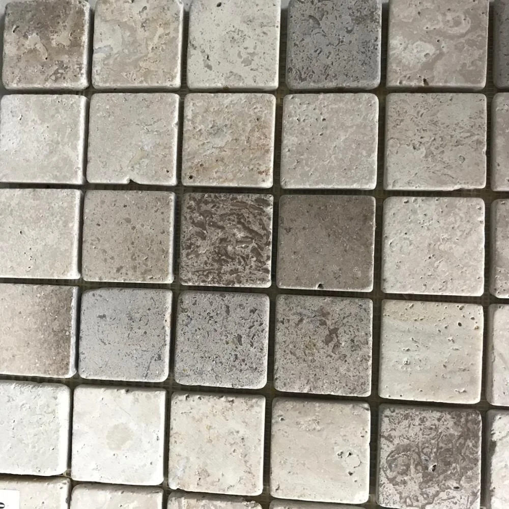 Chinese beige natural travertine stone mosaic outdoor floor mat tiles with mesh backing
