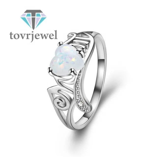 

New Vintage Heart Opal Birthstone Ring Selfless Mom Rings for Women Clear CZ Silver Fashion Bijoux Jewelry Gift Wholesale