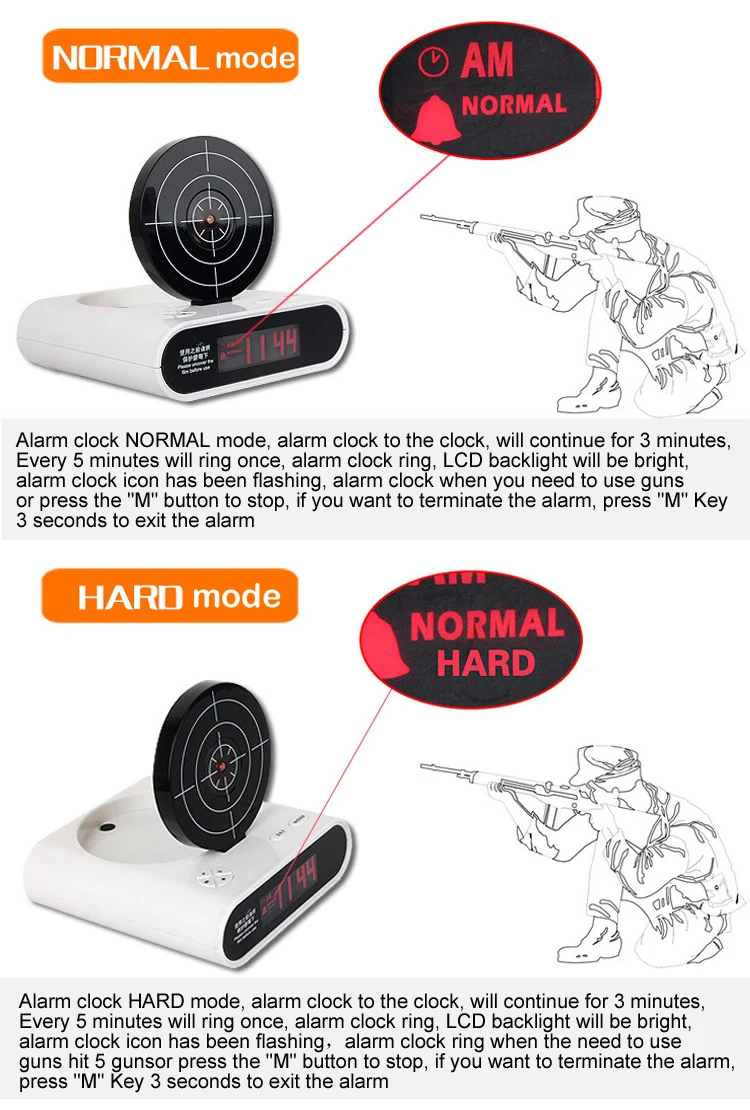 New Design Lazy Wake Up Clock Gun Shooting Target Sunrise Alarm Clock