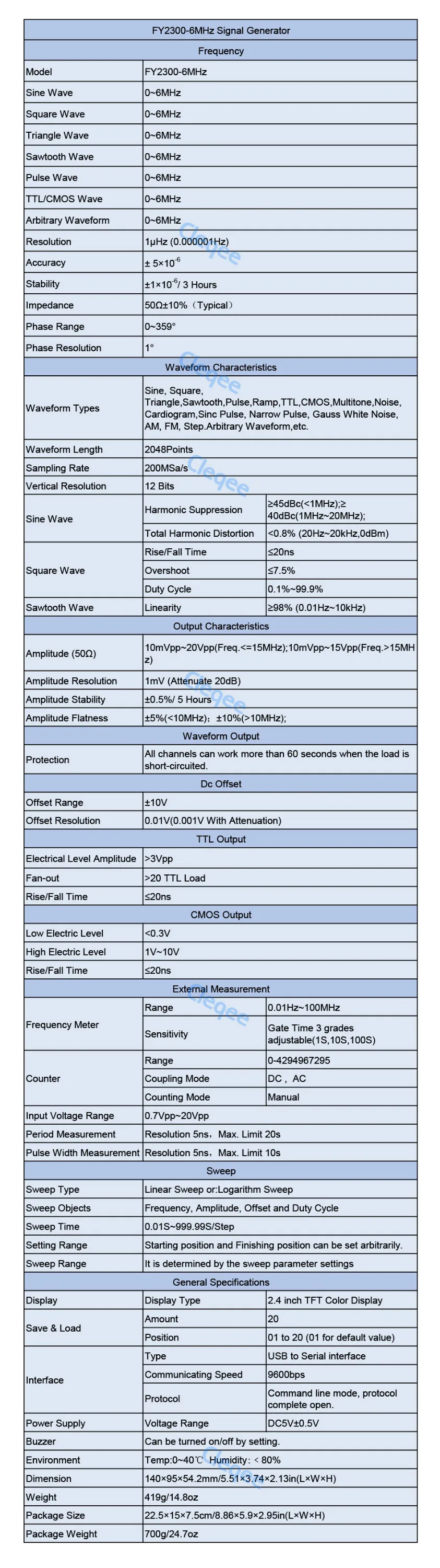 Cleqee Fy2300-6mhz Arbitrary Waveform Dual Channel High Function Signal