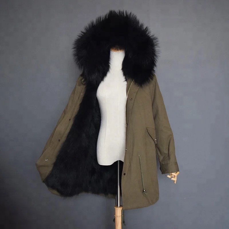 

2019New Style cheap real racoon fur lining big fur collar military style trench parka long coat, Customized color