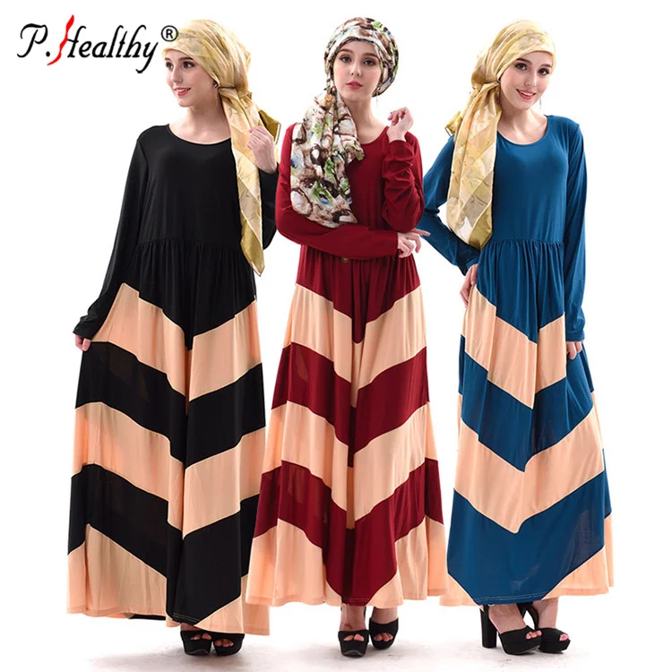 

New Muslim splicing stripe long sleeve dress fashion abaya dress muslim women