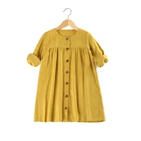 

wholesale full long sleeve 100% cotton mustard muslin linen button little girls bib dress