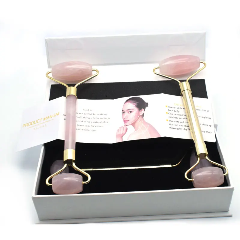 
High quality jade roller face massager rose quartz anti aging jade stone roller rose gold metal with box 