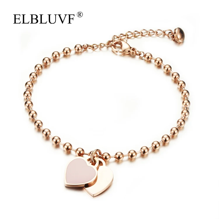 

ELBLUVF Stainless Steel jewelry Rose Gold Plating Heart Shape Pendant Bracelet Ball Chain For Girls Wholesale