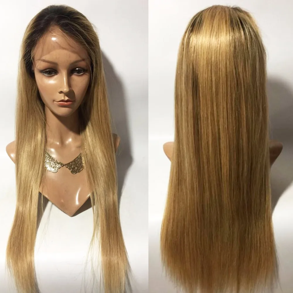 

Ombre #1B/27 Honey Blonde 360 Lace Frontal Wig pre plucked Brazilian Human Hair Silky Straight Full Lace Wig For Black Women, Blonde color human hair wig