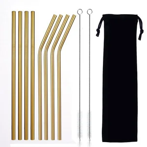 Image of Amazon top seller straight bent metal straw reusable wholesale stainless steel drinking straws with customized logo brush