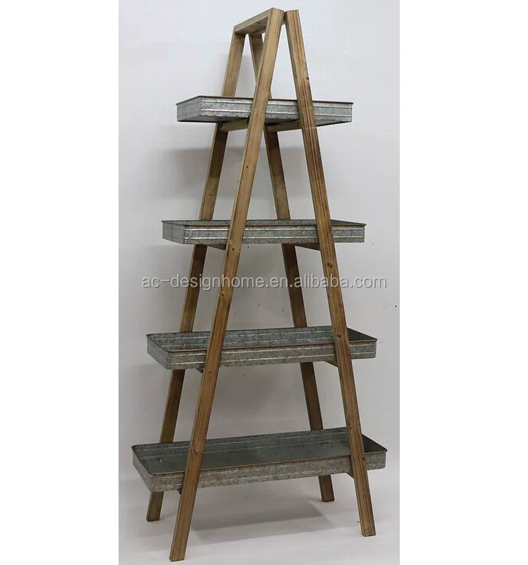 4 Tier Antique Vintage Decorative Wooden Metal Wrought Iron