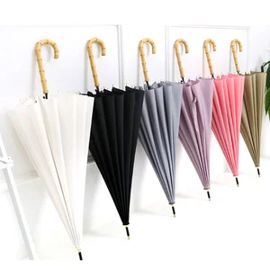 Image of Auto Opening Vintage Style Old Fashion Japanese J Shaped Straight Umbrella with Bamboo Handle