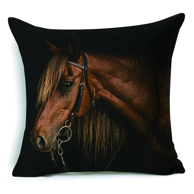 Wholesale Custom Linen Fabric Printed Square Black Cushion Cover Brown Horse Decorative Sofa Throw Pillowcase