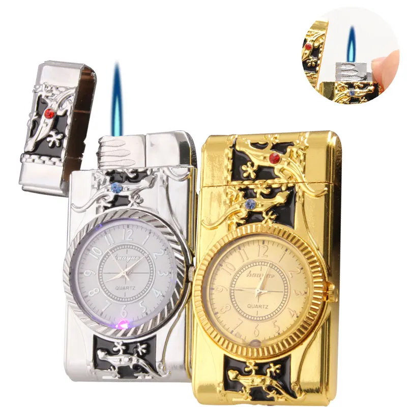 

Yan zhen A018 China Yiwu factory new selling colorful straight flashing metal gas windproof watch lighter wholesale