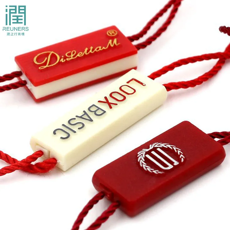 

OEM embossed brand name logo plastic string seal hang tag for garment, Custom color