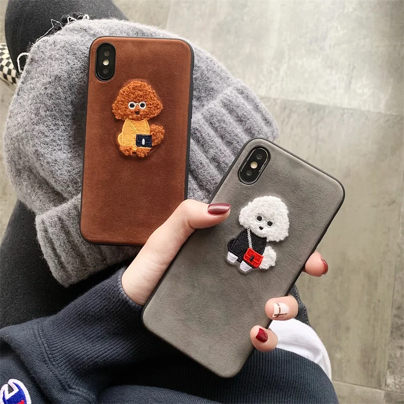 luxury cute poodle dog TPU back leather for iphone case leather back xs xr xs max