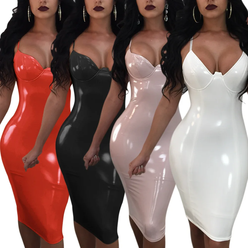 

Tight-fitting Sexy Dress Slim Dress Leather Bodycon Strap NightClub Women Dresses, Black/pink/red/white