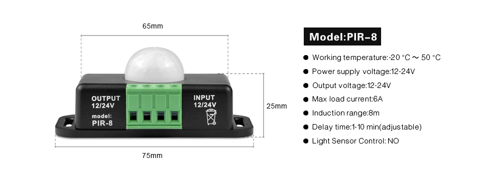 12V-24V 8A Automatic Infrared PIR Motion Sensor Switch for LED Strips Light  ASS