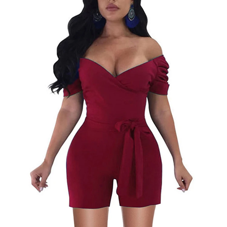 

Flattering Red V Neck Off Shoulder Sexy One Piece Jumpsuit For Women