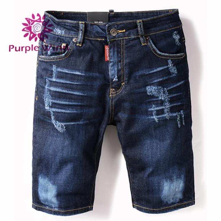 

Dark blue denim short jeans damaged destroy embroidery ripped hole pants for men, Picture