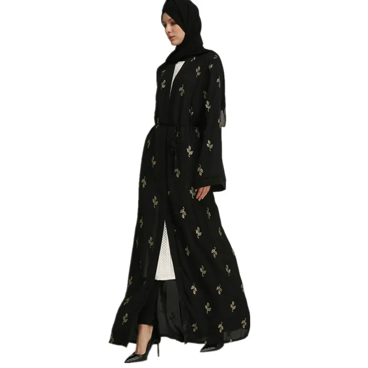 

Black Jilbab Moroccan Kimono Abaya 2018 Dubai Maxi Robe Open Abaya With Belt, Oem