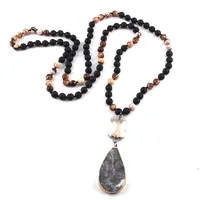 

Fashion Women Costume Yoga Necklace 108 Beads Mala Multi Stone Knotted Crystal Link Natural Druzy Drop Pendant Necklace