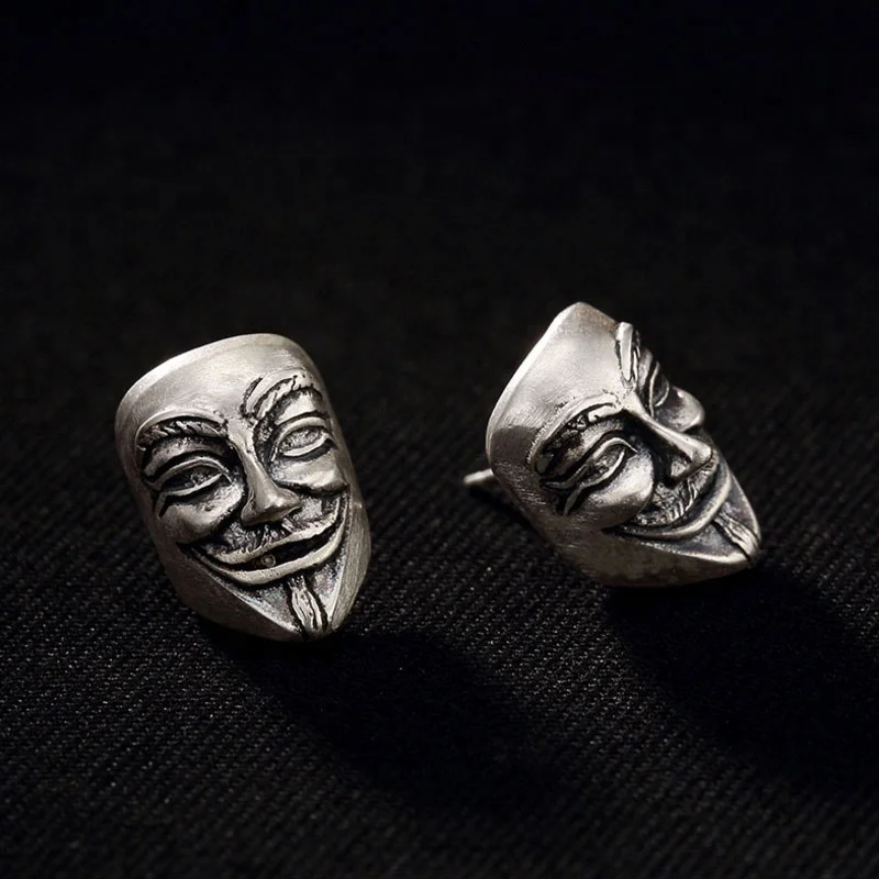 

990 Sterling Silver Frosted Earrings Men Ghost Mask Punk Vintage Silver Jewelry For Male