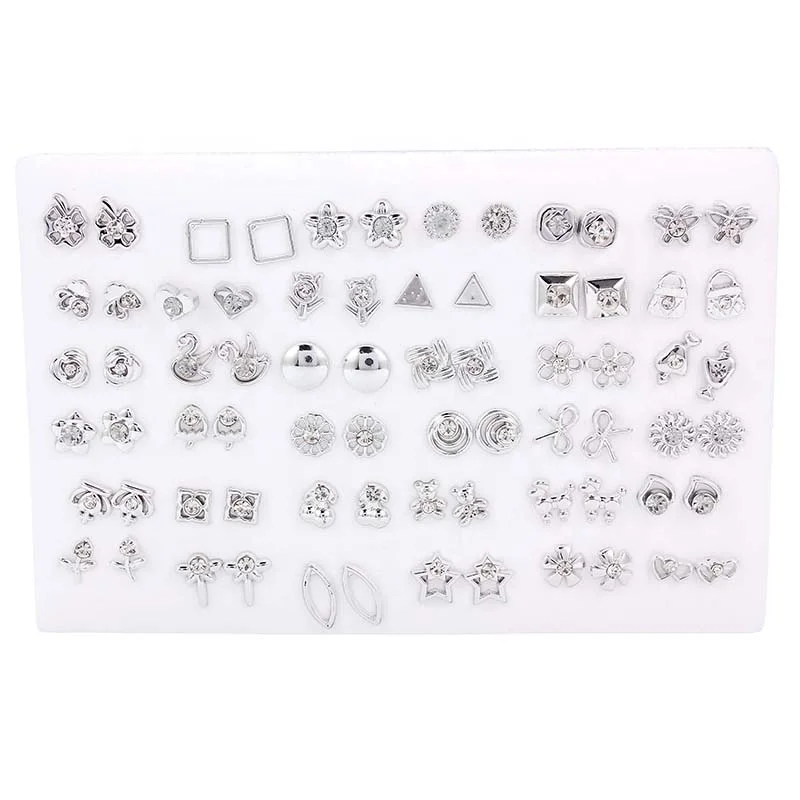 

36 pairs silver color diamond butterfly receive snowflake flower heart geometric circle gem plastic stud earring, Picture shows