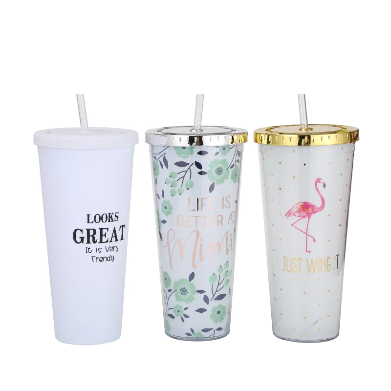 

Factory wholesale double wall plastic ice cup paper insert tumbler with straw