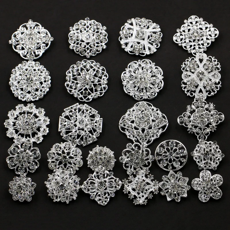 
Lot 24pc Clear Rhinestone Crystal Flower Brooches Pins Set DIY Wedding Bouquet Broaches Kit in Silver  (62042438799)