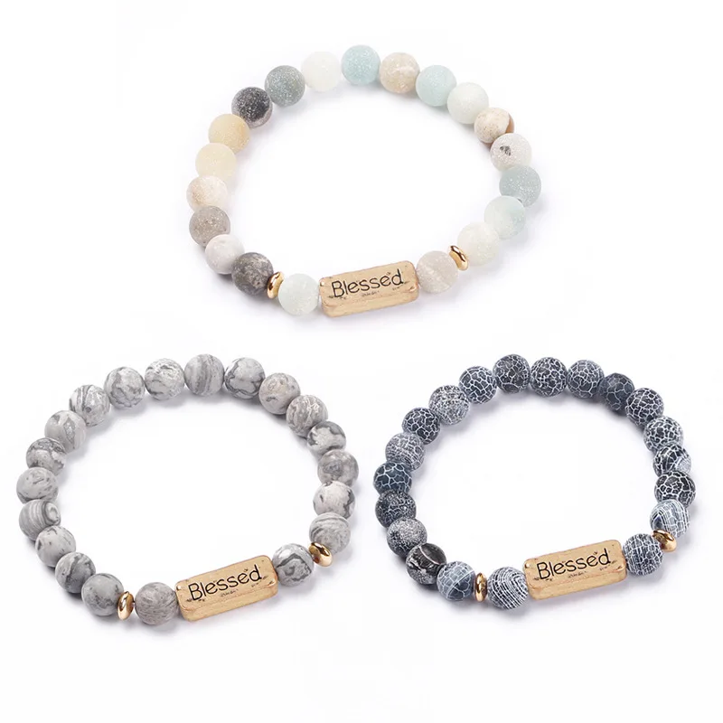 

Zooying Hope Love Faith Blessed natural stone engrave message Stretch bracelet, Black;turquoise;white