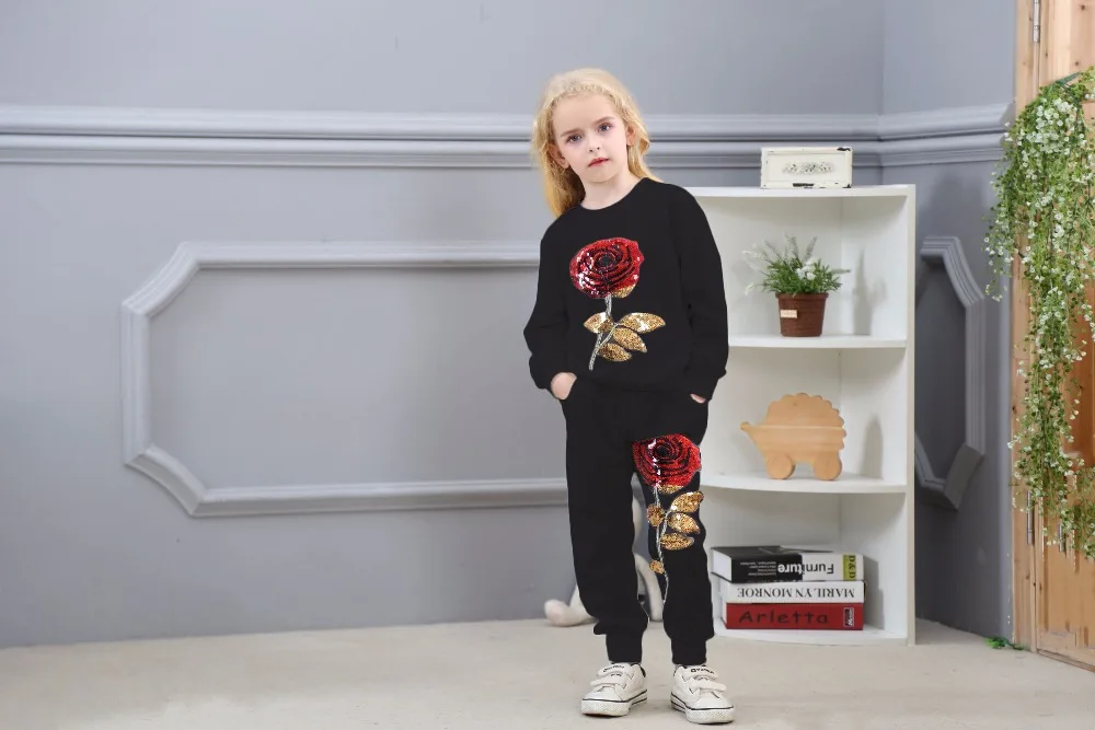 Aile Rabbit 2019 Spring Autumn new parent-child mother clothes girls set sequins rose sweater sweat pants girl set