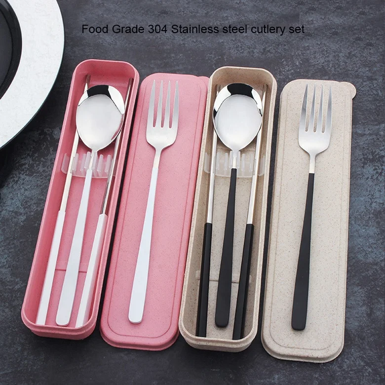 

3Pcs Stainless Steel Chopsticks Spoon Fork Tableware Set Portable Gift Box Adult School Travel Picnic Wheat Straw Cutlery Set, As picture