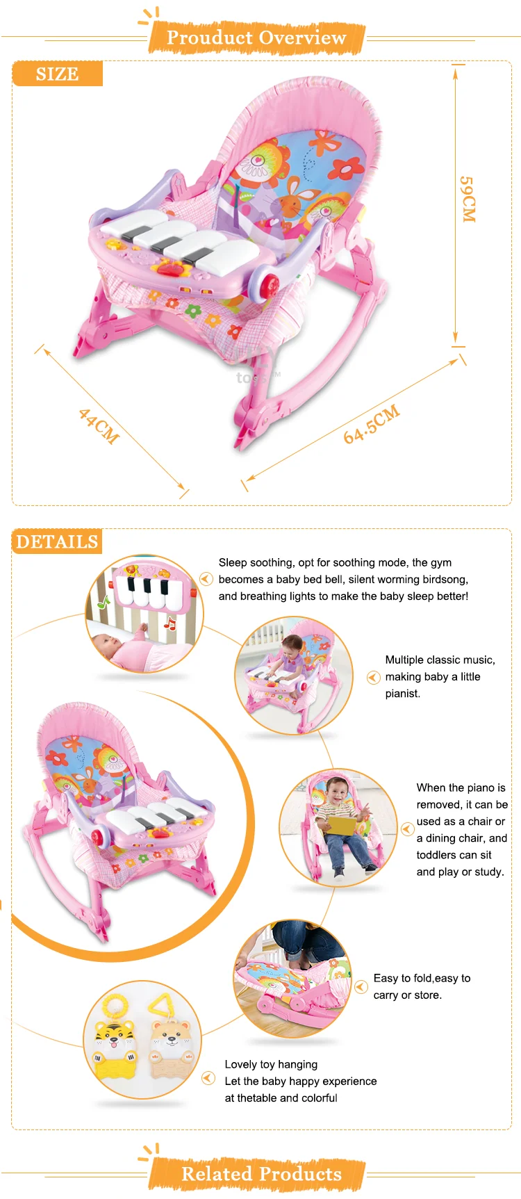 Eco friendly portable multifunction musical rocking chair for baby