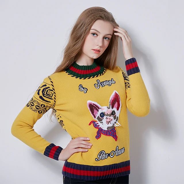 

factory customFall winter cat jacquard pullover knit sweater woman sweater