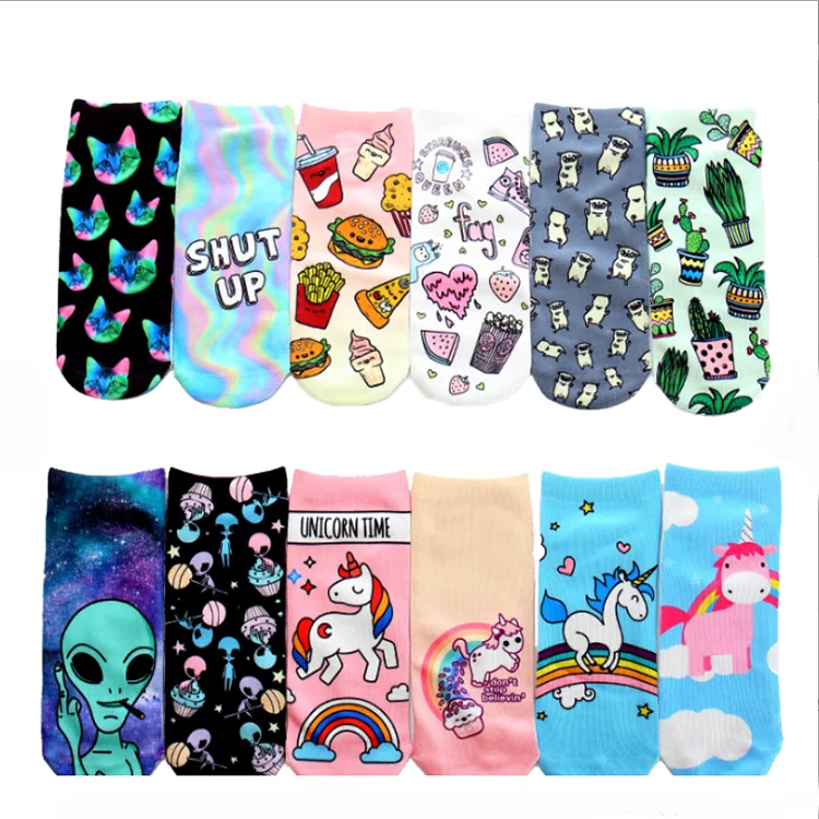 

Wholesale Colorful 3D Custom Sublimation Print Socks Unicorn Animal Cartoon Boat Socks, As shown