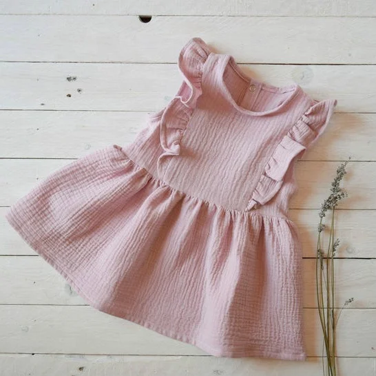 baby girls wholesale kids skirt flutter sleeve children  linen baby dress