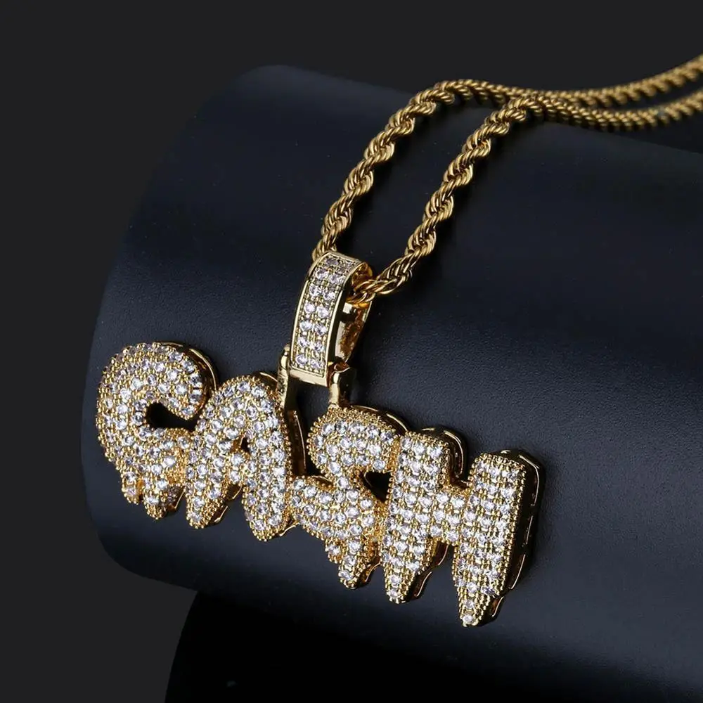 

Full AAA CZ Zircon Paved Bling Iced Out Bubble Letter Cash Pendant Men Hip Hop Rapper Pendant Necklace (KHP067), As picture