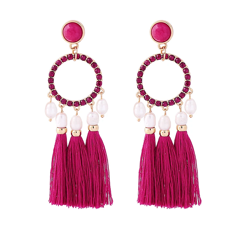 

ed00556c Bohemian Exaggerated Short Special Line Fringed Freshwater Pearl Stone Hoop Crystal Earrings Women 2021