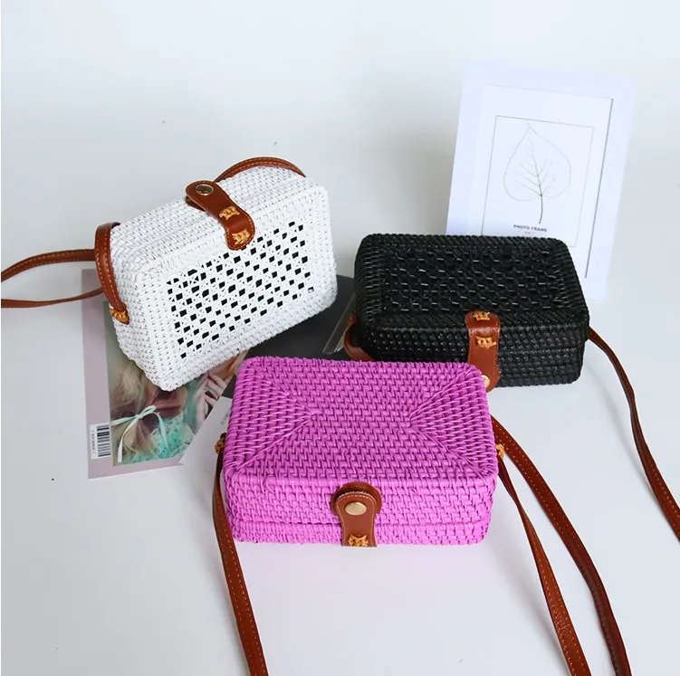 

women handmade woven straw beach bag rattan sling square bag, Brown,pink,white