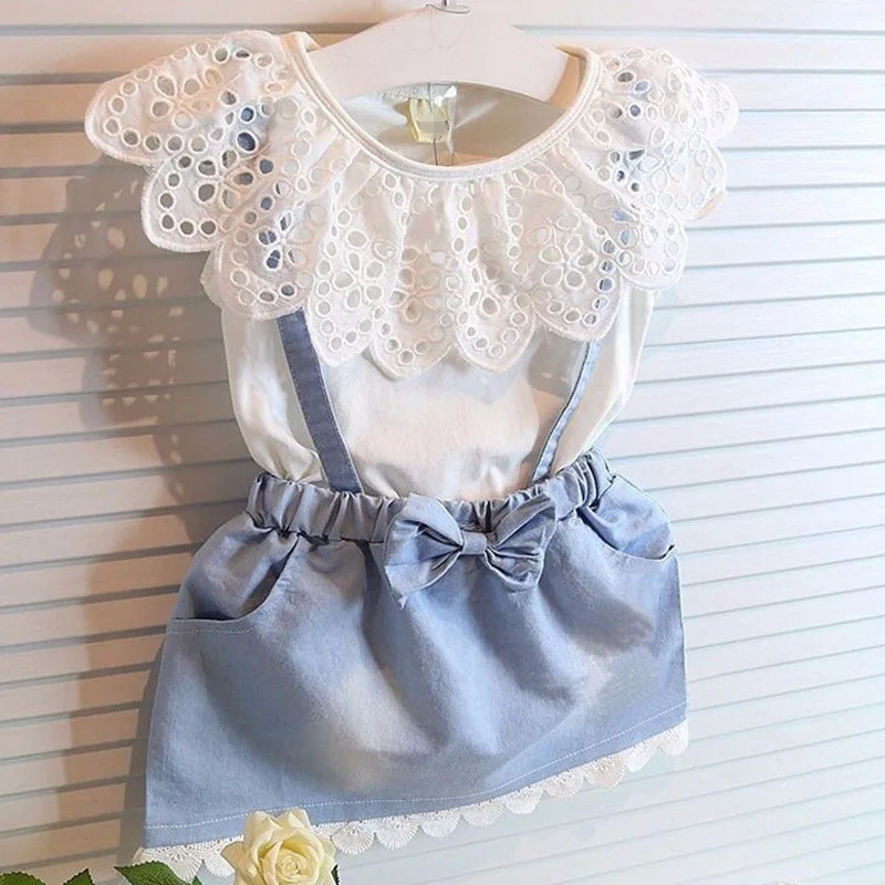 

kids summer clothes cotton denim dress suit baby girl clothing set, Yellow;gray;white;pink