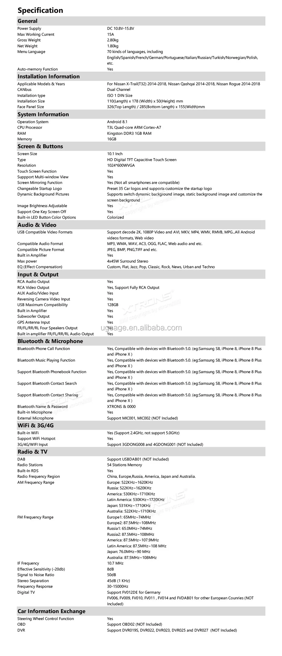 Xtrons 10.1 Inch Double Din Car Radio Player For Nissan Qashqai/xtrai