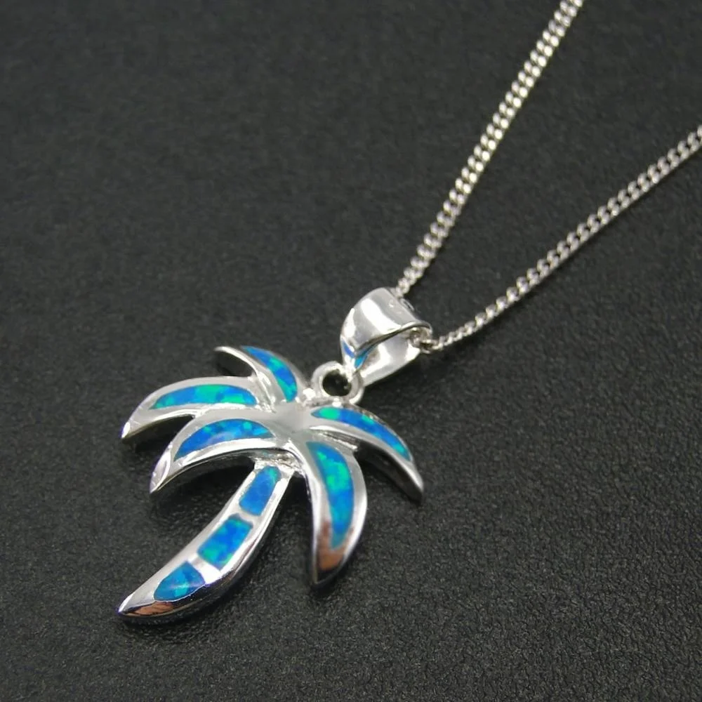 

925 Sterling Silver Hawaiian Jewelry Synthetic Blue Opal Palm Tree Pendant Necklace in stcck