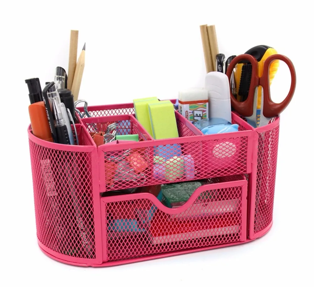 
Space Saving Black 8 Compartment Office School Supply Desktop Metal Wire Mesh Organizer with Drawer 