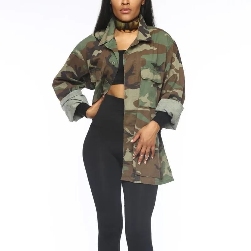 

S-XXXL Plus Size Autumn Women Crop Tops Boyfriend Style Camouflage Long Coat Casual Tooling Jacket Ladies Work Wear EQ045, N/a