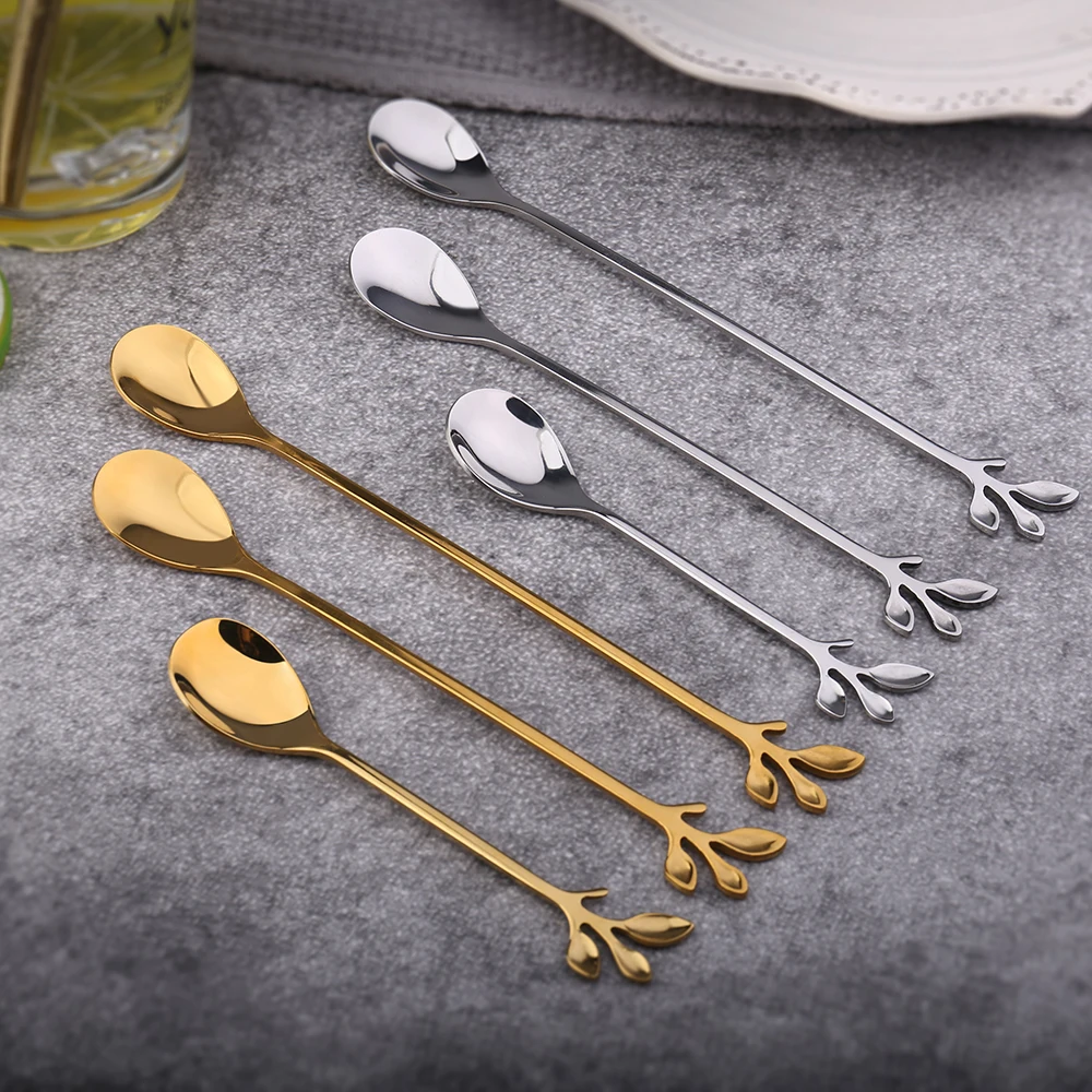 

Metal Coffee Tea Spork Flatware Dessert Salad Tool Stainless Steel Leaves Spoons