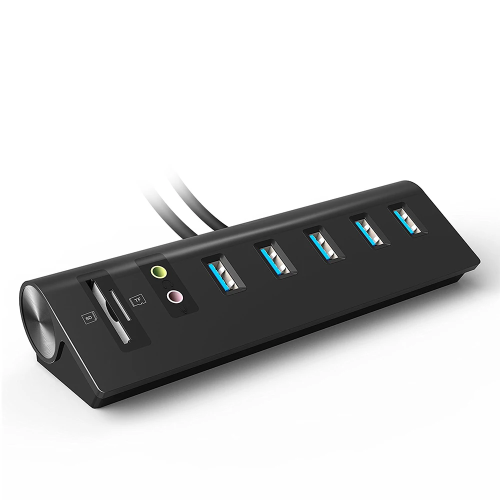 

Cateck Black External Stereo Sound Adapter 5 Port USB 3.0 Hub With 2 Slot Card Reader Combo For PCs And Laptops