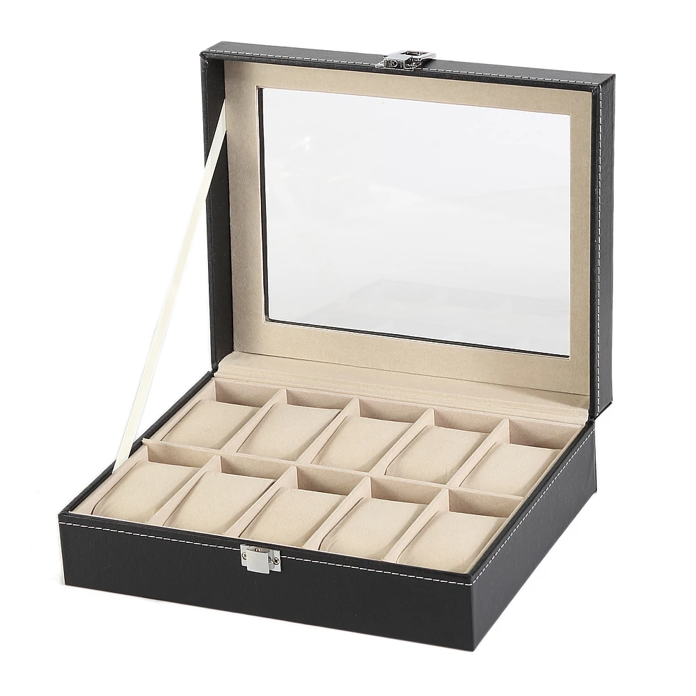 

Promotion Leather Packaging Best Selling Small Moq 10 Slot Black Pu Watch Storage Box With Glass Lid, Black leatherette+beige velvet