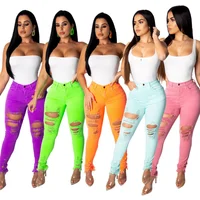 

mujer New stretch candy color Denin Jeans Women's High Waist Torn Ripped Hole Skinny Denim Pant